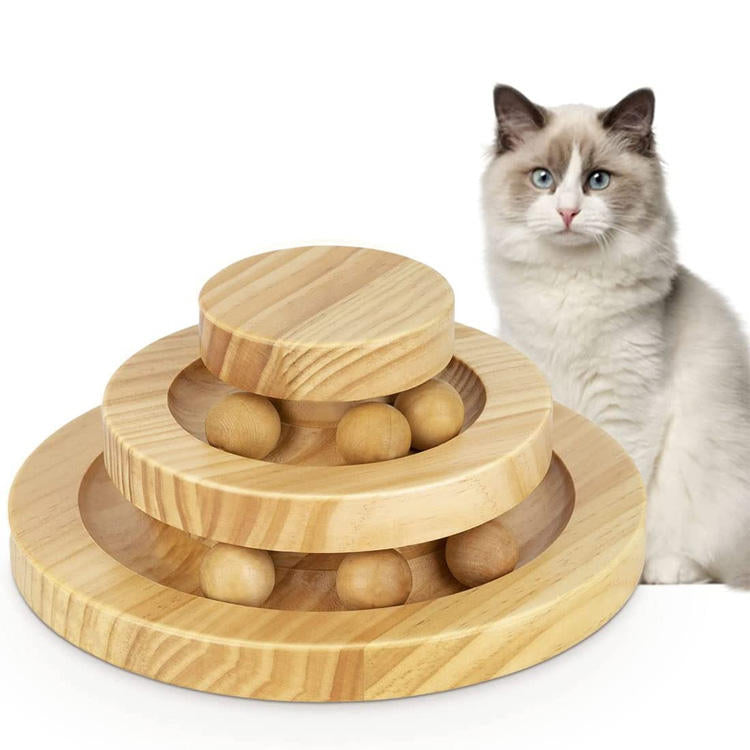 Solid Wood Cat Toy Wooden Turntable Rolling Ball Double Layer Tease Cat Bite Resistant Toy - Go Bagheera