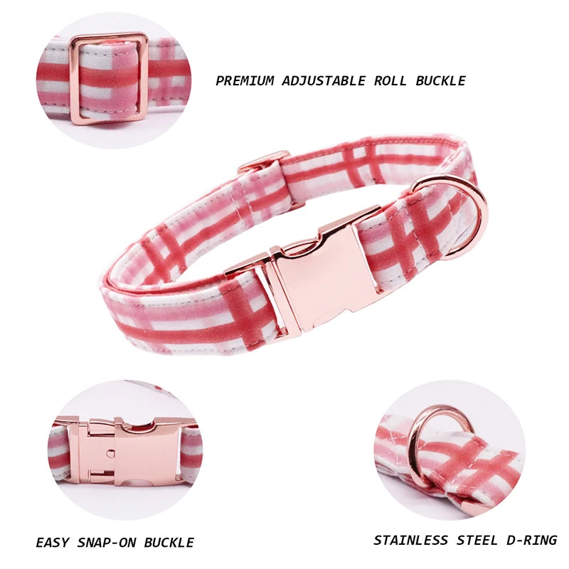 Unique Style Paws Valentines Day Dog Collar with Bow Tie Adjustable Pink Plaid Pet Dog Collar for Large Medium Small Dog