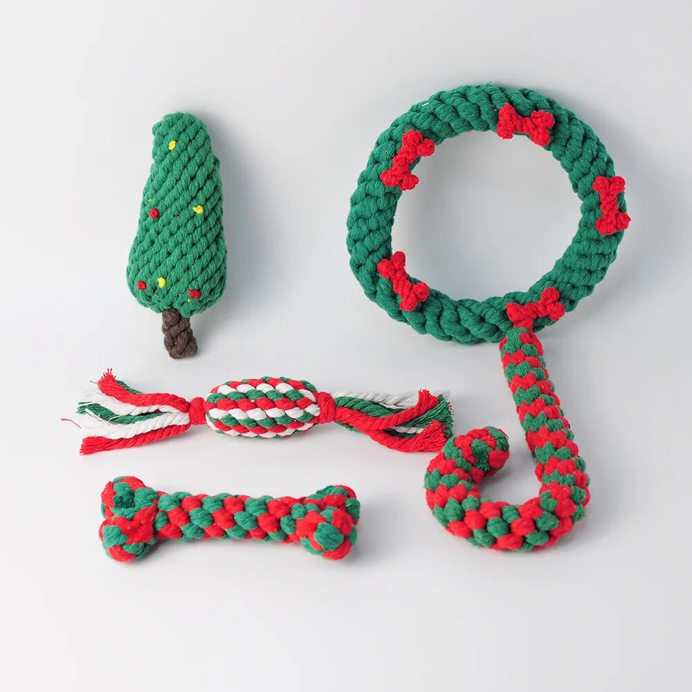 New Christmas Pet Cotton Rope Toy Cane Cleaning Dog Interactive Toy Bite-resistant Molar Dog Toy Set Christmas Gift