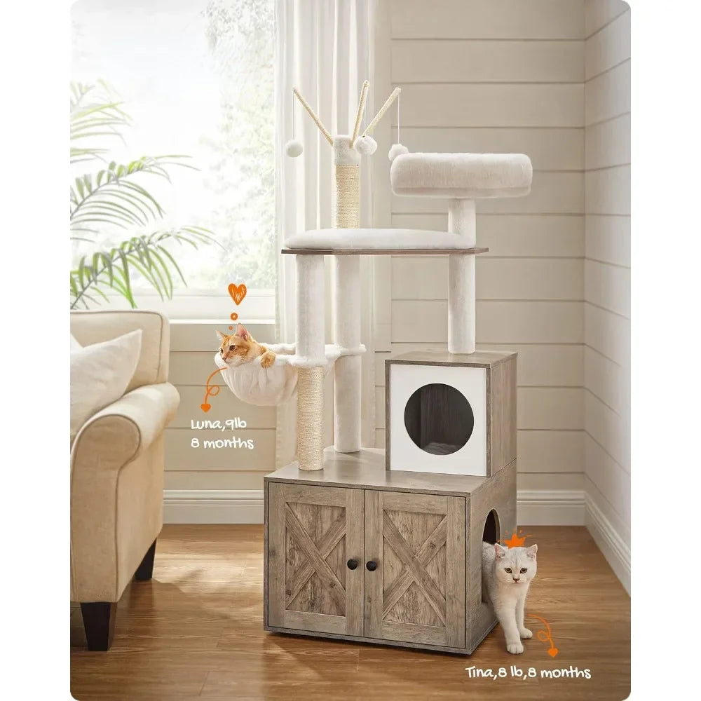Cat Tower, 2-in-1 Pet Apartment with Scratching Pillars, Cat Sandbox, and Detachable Plunger Stick, Cat Tree