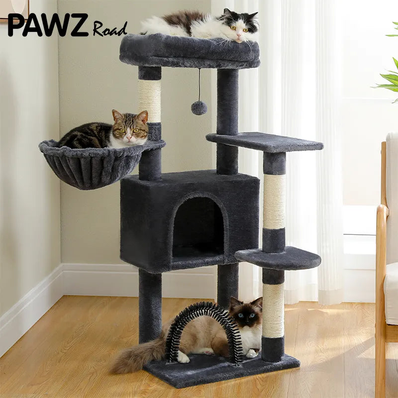 H120CM Cat Tree Tower with Self Groomer Sisal Scratching Post Large Condo Perch Stable for Kitten Multi-Level Tower Indoor Grey