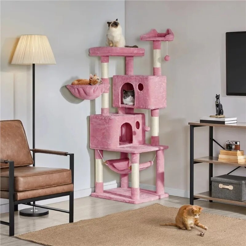 64.5"H Multi-level Cat Tree Tower with Condos and Perches, Pink