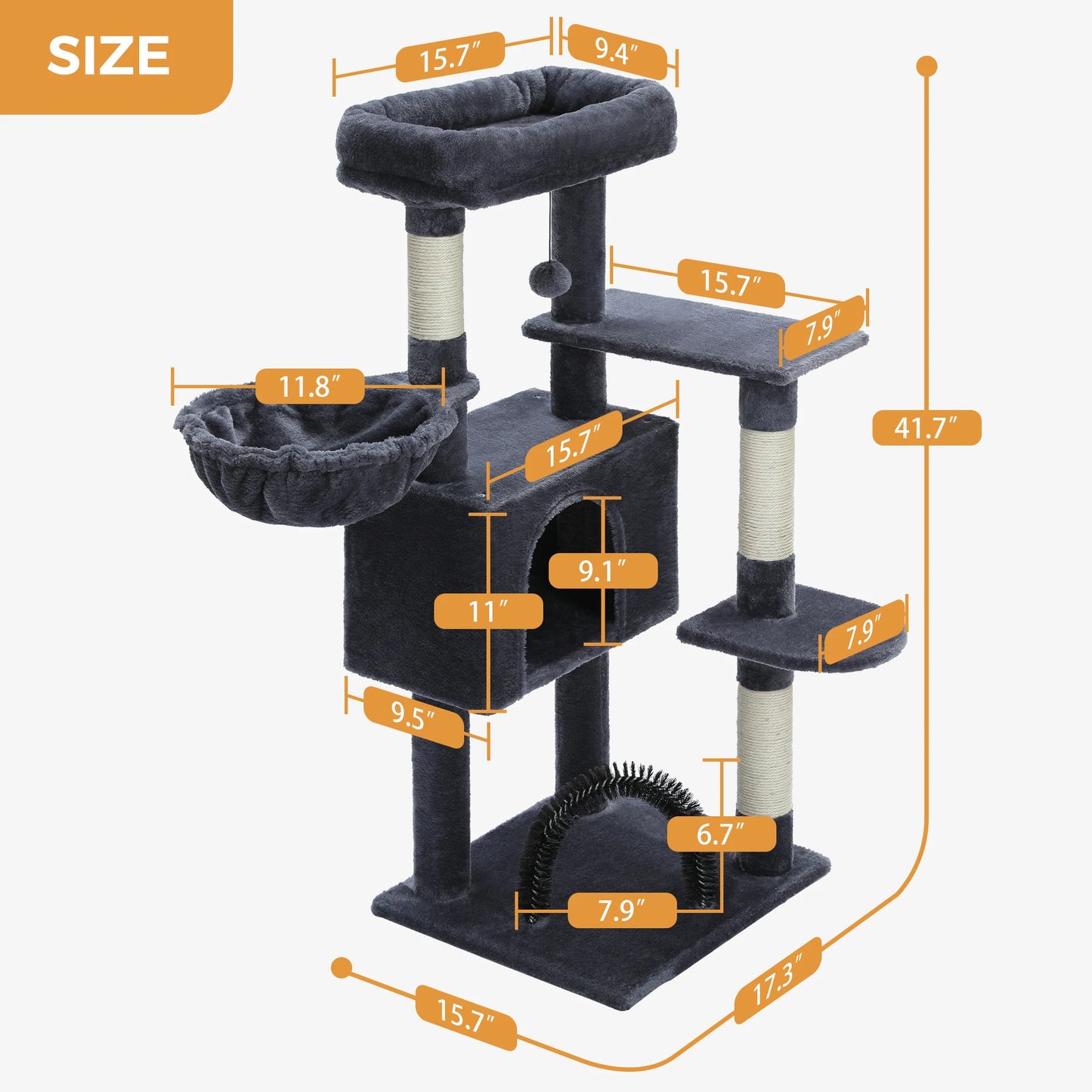 H120CM Cat Tree Tower with Self Groomer Sisal Scratching Post Large Condo Perch Stable for Kitten Multi-Level Tower Indoor Grey
