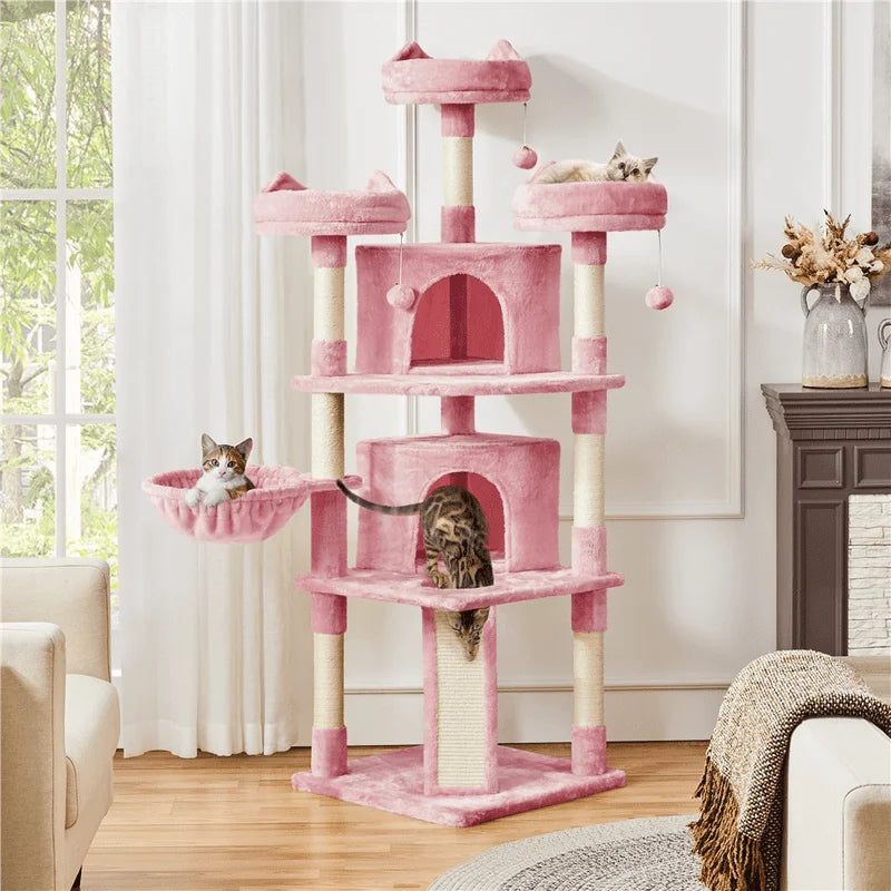 68.5" Large Multilevel Cat Tree Tower with Condos Platforms Scratching Posts, Pink