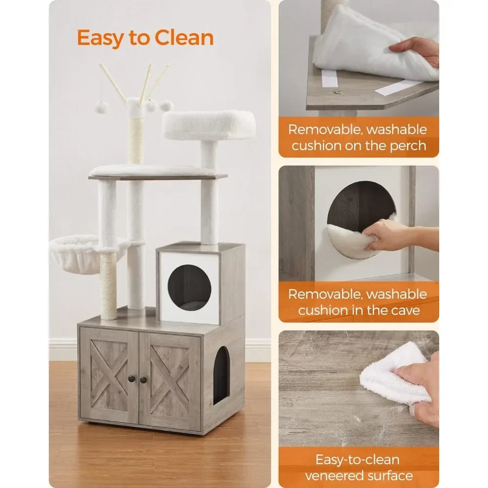 Cat Tower, 2-in-1 Pet Apartment with Scratching Pillars, Cat Sandbox, and Detachable Plunger Stick, Cat Tree
