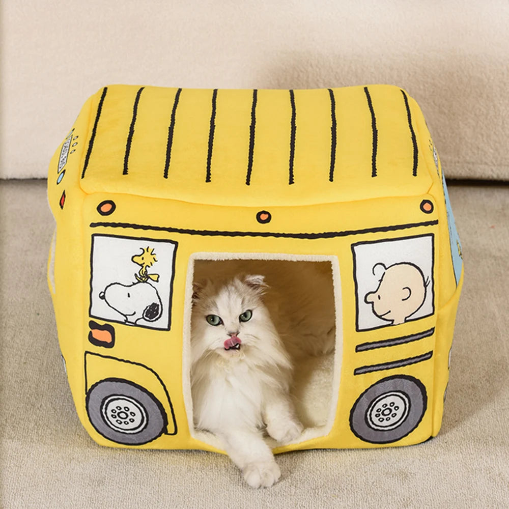 Hanpanda Cartoon 3D Recreational Vehicle Shape Cat Bed Foldable Cat Sleeping Mat Removable&Washable Non-stick Hair House For Cat
