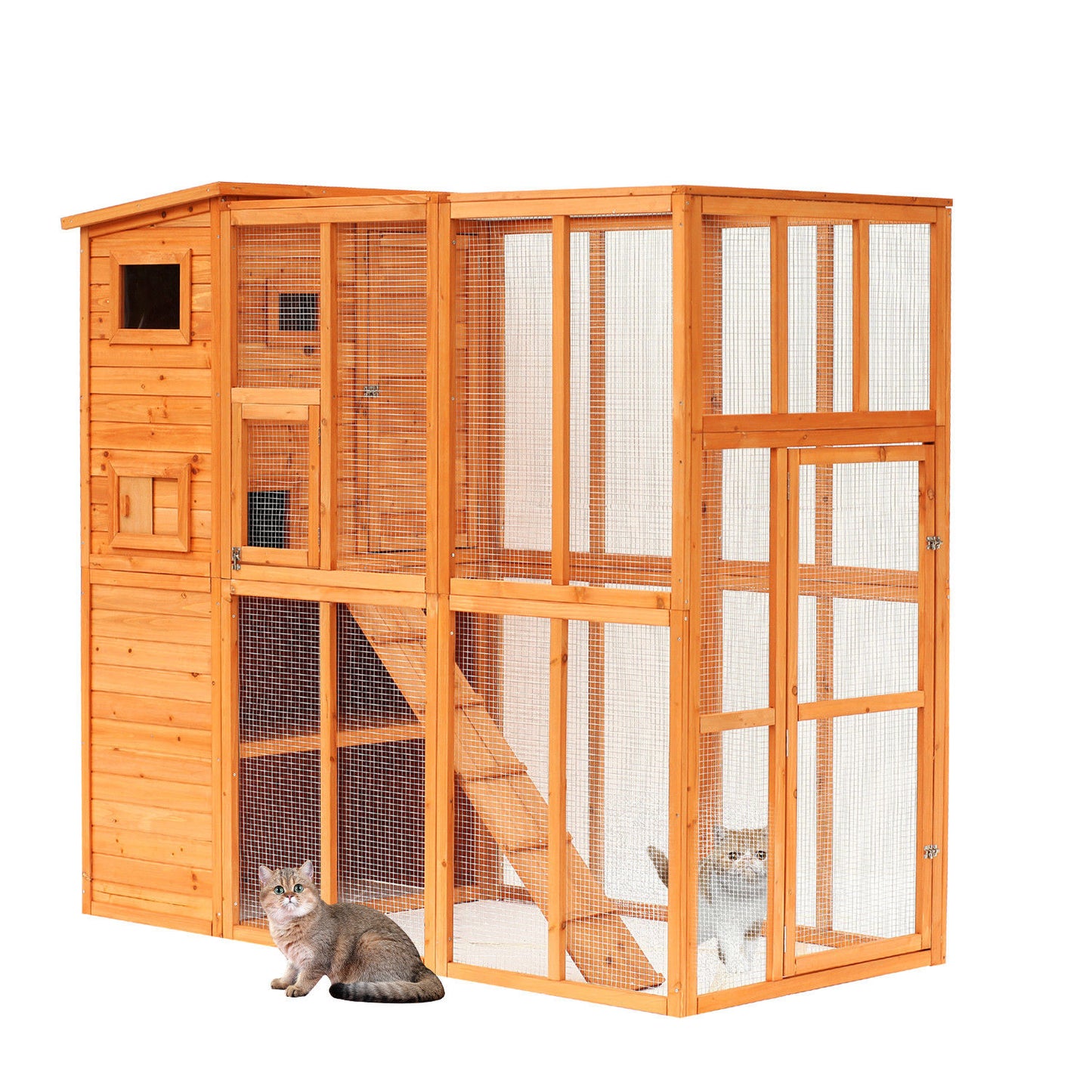 Pawhut Wooden Cat Home Enclosure Pet House Shelter Cage Outdoor Play - Go Bagheera