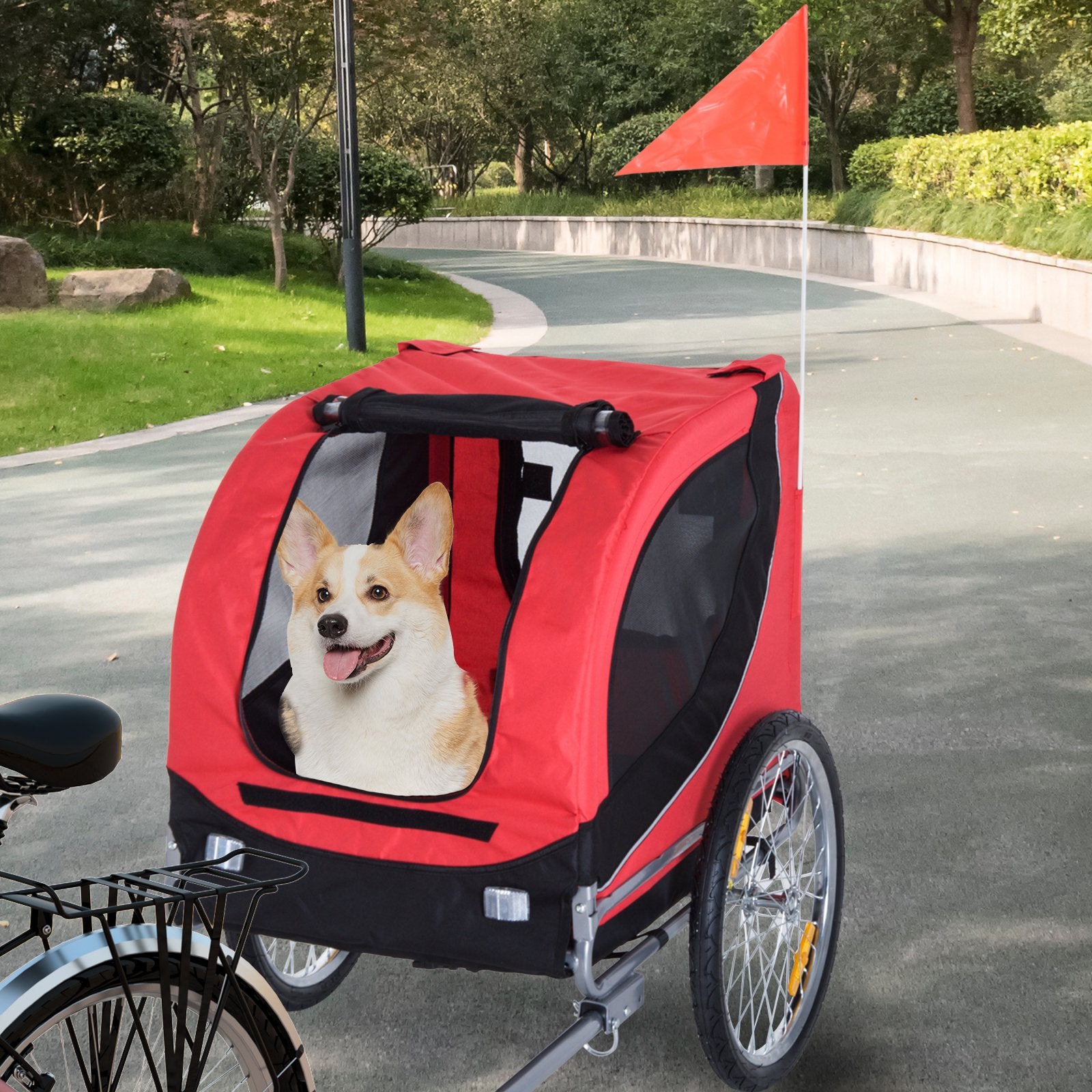 PawHut Foldable Pet Bike Trailer Dog Cat Travel Bicycle Carrier, Red - Go Bagheera