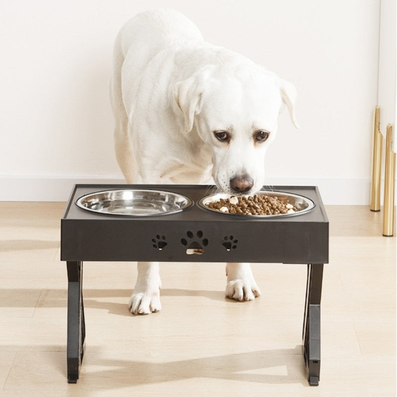 Anti-Slip Elevated Double Dog Bowls Stainless Steel Water Food Container Adjustable Height Pet Feeding Dish Feeder - Go Bagheera