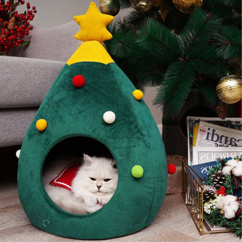Pet House Cat Christmas Tree Shape Bed Dog Nest Puppy Cave Washable Cat Mat Warm Soft Winter Cat House Pet Supplies Pet Bed - Go Bagheera