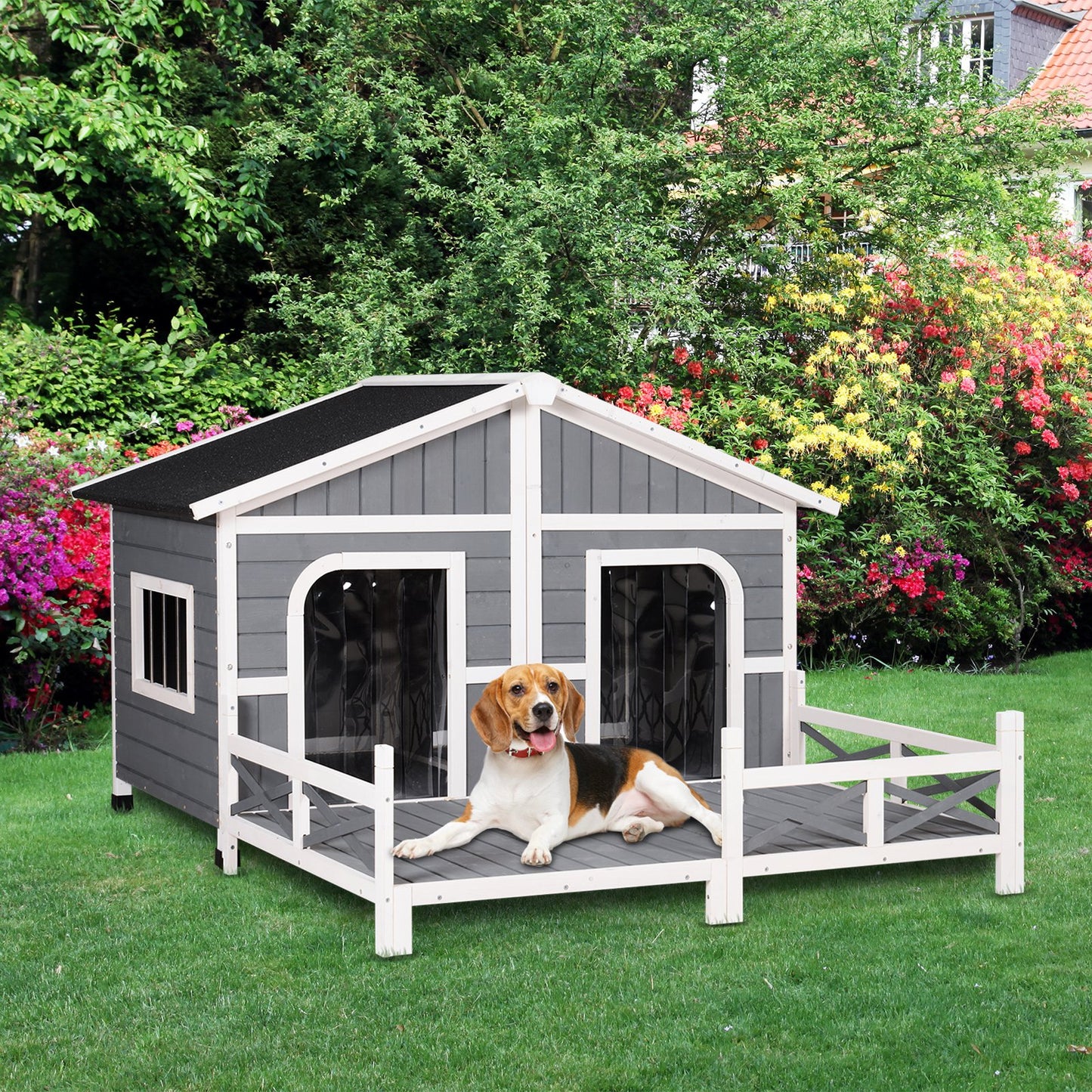 PawHut Wooden Large Dog House Perfect for the Porch or Deck 59" L Grey - Go Bagheera