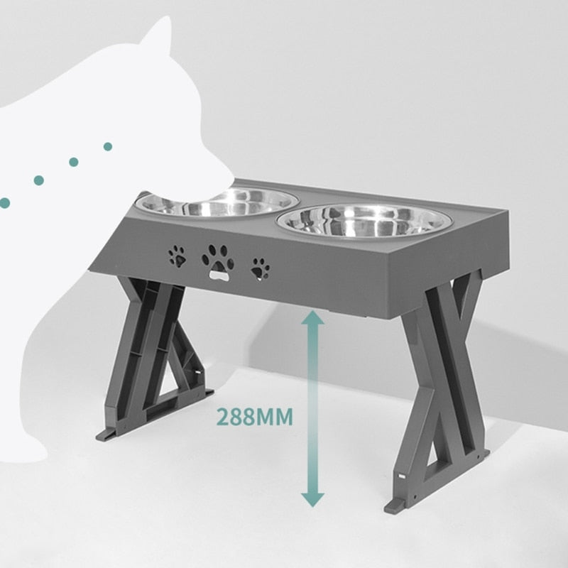 Anti-Slip Elevated Double Dog Bowls Stainless Steel Water Food Container Adjustable Height Pet Feeding Dish Feeder - Go Bagheera