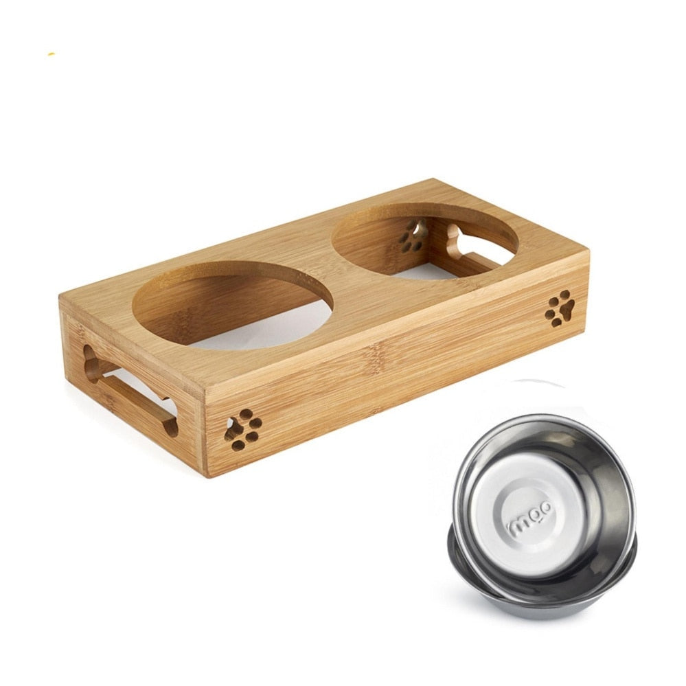 Limited Sales Cat Dog Pet Stainless Steel/Ceramic Feeding and Drinking Bowls Combination with Bamboo Frame for Dogs Cats - Go Bagheera