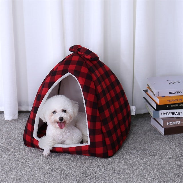 Pet Dog Beds Cat Tent Houses with Bowknot Plaid - Go Bagheera
