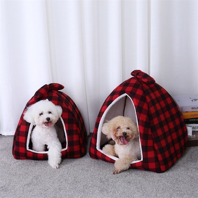 Pet Dog Beds Cat Tent Houses with Bowknot Plaid - Go Bagheera