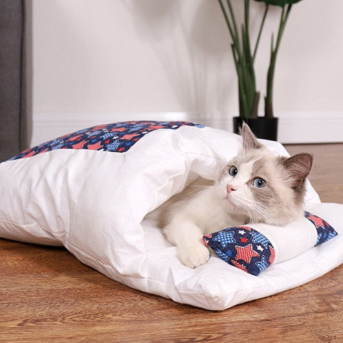 Japanese Cat Bed Winter Closed Removable Washable Warm Dog Sleeping Bag Deep Sleep Dog Cushion House Cats Nest Beds with pillow - Go Bagheera