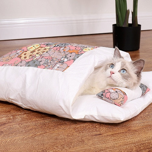Japanese Cat Bed Winter Closed Removable Washable Warm Dog Sleeping Bag Deep Sleep Dog Cushion House Cats Nest Beds with pillow - Go Bagheera
